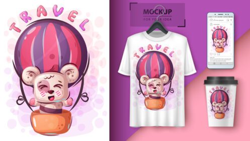 دانلود ست طراحی شخصیت سفری عروسکی شیرین با بادکنک گرم شامل قالب های ماکت برای شبکه های اجتماعی تی شرت و آستین قهوه