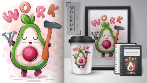 دانلود مجموعه طراحی کاراکتر آووکادوی شیرین کاری شامل قالب های ماکت برای نوت بوک آستین قهوه و قاب عکس