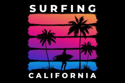 دانلود تی شرت موج سواری ساحل کالیفرنیا غروب آفتاب سبک یکپارچهسازی با سیستمعامل