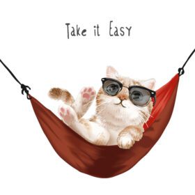 دانلود شعار راحت باش با گربه ناز با عینک آفتابی در حال آرامش در تصویر بانوج قرمز