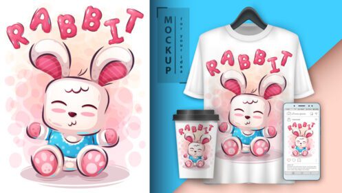 دانلود ست خرگوش عروسکی یا خرگوش عروسکی با دست و بازوهای کشیده شامل قالب های ماکت لیوان قهوه و تی شرت