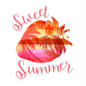 دانلود چاپ تابستانی ساحل گرمسیری با شعار برای تی شرت پوستر کارت و کاربردهای دیگر تصویر برداری