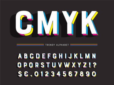 دانلود وکتور حروف و اعداد سه بعدی هندسی مدرن شیک با رنگ های cmyk جدا شده بر روی پس زمینه مشکی