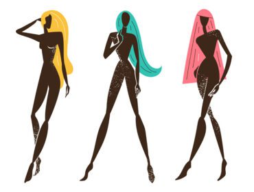 دانلود وکتور مجموعه زنان استایل دار ایستاده موهای بلند مشکی