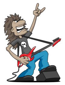 دانلود نوازنده گیتار راک بسیار باحال گیتار الکتریک مو بلند با پایش روی مانیتور ژست کلاسیک هوی متال پوشیدن تی شرت جمجمه تصویر وکتور کارتونی