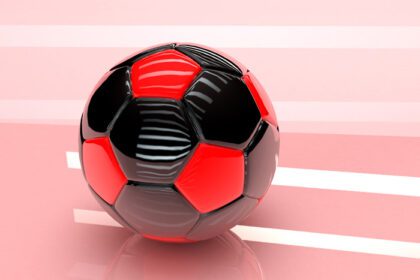 دانلود عکس توپ فوتبال سه بعدی با روکش براق قرمز و مشکی روی الف