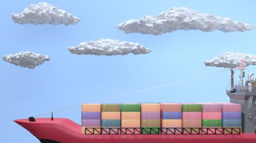 دانلود عکس رندر سه بعدی کشتی باری نمای جانبی در پس زمینه آسمان آبی