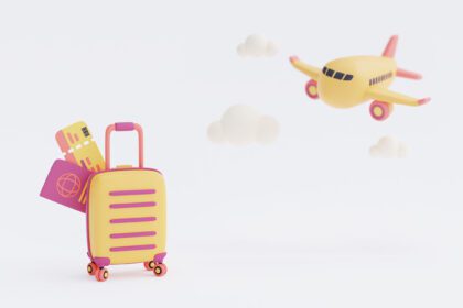 دانلود عکس رندر سه بعدی هواپیما با چمدان و پاسپورت گردشگری و