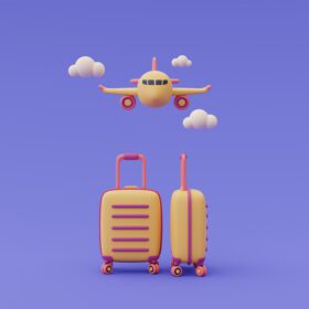 دانلود عکس رندر سه بعدی چمدان با هواپیما مسافرت آنلاین و