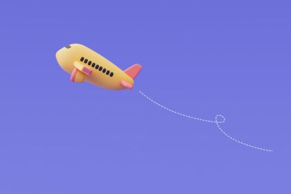 دانلود عکس رندر سه بعدی از هواپیمای زرد جدا شده در پس زمینه بنفش