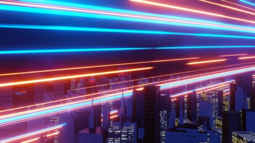 دانلود عکس رندر سه بعدی از نور مفهومی منظر شهری شب پانک سایبر