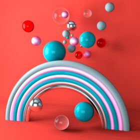 دانلود عکس رندر سه بعدی از رنگین کمان با توپ های رنگارنگ