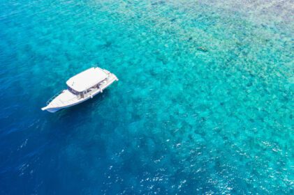 دانلود عکس زیبای فیروزه ای آب اقیانوس و قایق پهپاد هوایی