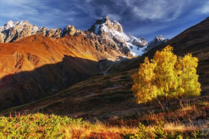 دانلود عکس منظره پاییزی و قله های برفی کوه