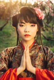 دانلود عکس زن زیبای آسیایی در شکوفه ساکورا