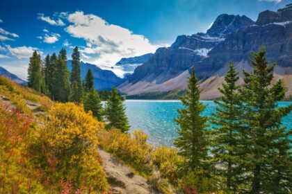 دانلود عکس پارک ملی بنف در صخره های کانادا دریاچه کمانی یخبندان کوهستانی با آب سبز دریاچه که توسط درختان کاج احاطه شده است