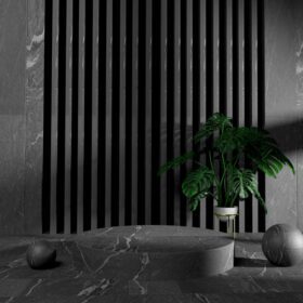 دانلود عکس رندر سه بعدی طراحی صحنه مینیمال سکو در فضای داخلی تاریک