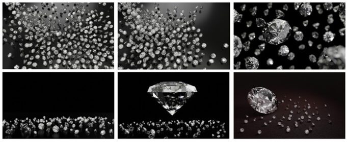 دانلود عکس مجموعه رندر سه بعدی الماس در سایزهای مختلف روی سطح خاکستری تیره