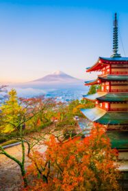 دانلود عکس منظره زیبای کوه فوجی با بتکده چوریتو ژاپن