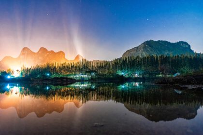 دانلود عکس منظره زیبای شبانه با انعکاس روی دریاچه در خائو بید