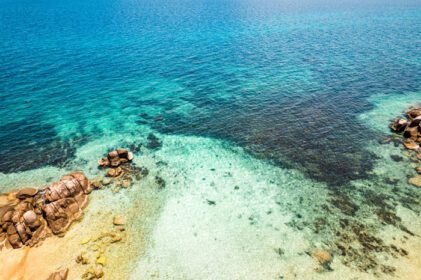 دانلود عکس آب آبی شفاف کریستالی در منظره چشم پرنده جزیره گرمسیری