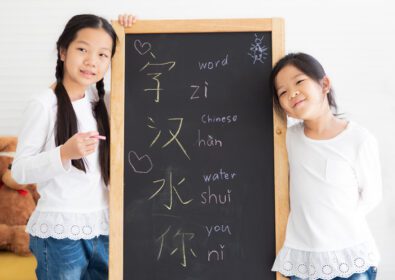 دانلود عکس دو بچه کوچک ایستاده کنار تخته سیاه نوشته شاد چینی