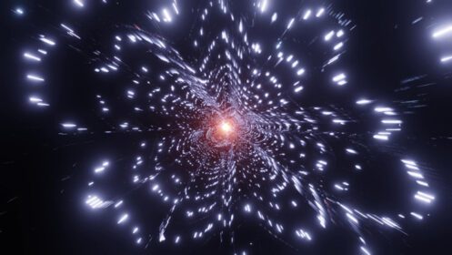 دانلود والپیپر پس زمینه عکس تصویر سه بعدی از ذرات درخشان آبی در حال تشکیل سیاهچاله کرمچاله فضایی کهکشانی