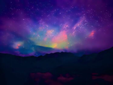 دانلود عکس راه شیری و نور صورتی در کوهستان شب رنگارنگ