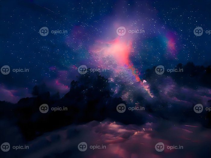 دانلود عکس راه شیری و نور صورتی در کوهستان شب رنگارنگ