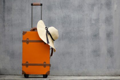دانلود عکس چمدان پرنور نارنجی با کلاه تابستانی در پس زمینه خاکستری
