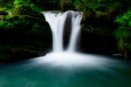 دانلود عکس آبشار کوچک آب شیرین به یک چاه در جنگل ختم می شود