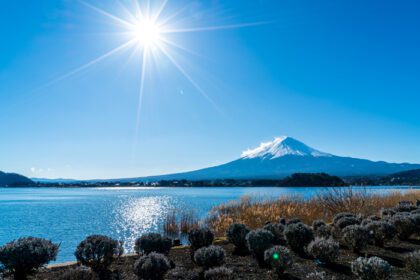 دانلود عکس کوه فوجی با دریاچه کاواگوچیکو و آسمان آبی