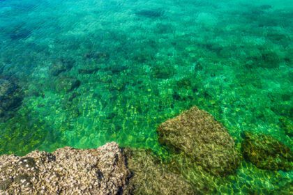 دانلود عکس صخره جزیره گرمسیری در ساحل با آب سبز آبی شفاف