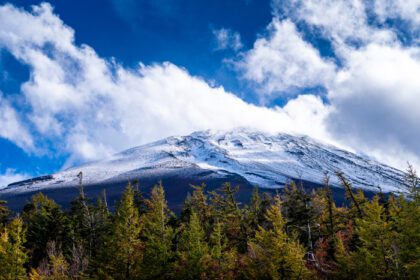 دانلود عکس از نزدیک بالای کوه فوجی با پوشش برفی و باد