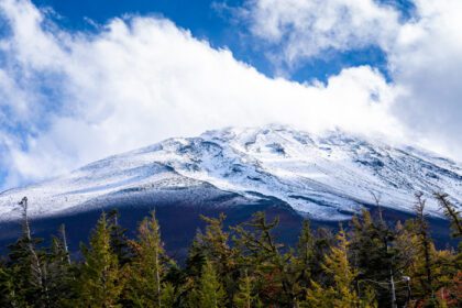 دانلود عکس از نزدیک بالای کوه فوجی با پوشش برفی و باد