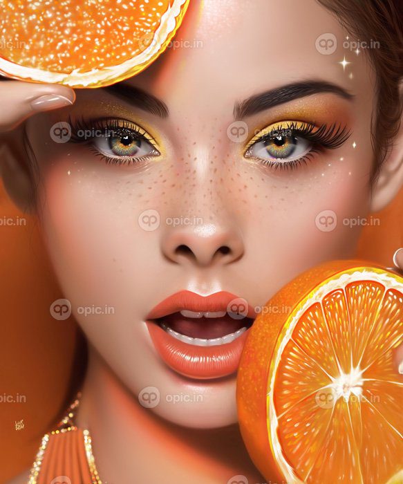 دانلود والپیپرهای ArtStation زنان پرتره پرتره نمایش آرایش آرایش کک و مک دهان باز میوه نارنجی که به تماشاگر نگاه می کند طراحی فن آرت چهره اثر هنری