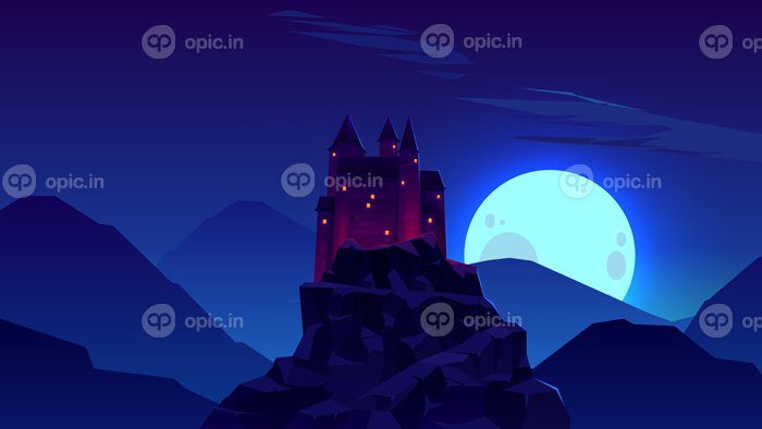 دانلود والپیپر آثار هنری قلعه کوه ها مینیمالیسم شب سنگ ماه