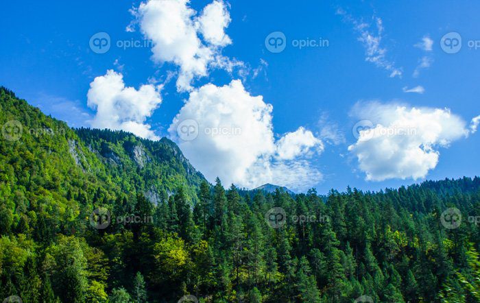 دانلود عکس منظره با کوه و جنگل با آسمان آبی ابری در آبخازیا