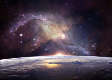دانلود عکس منظره با کهکشان راه شیری طلوع خورشید و منظره زمین از