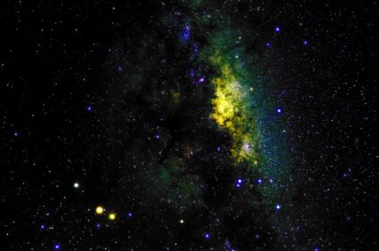دانلود عکس پانورامای شب کهکشانی دراماتیک زرد روشن از ماه