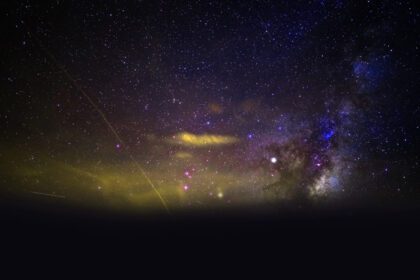 دانلود عکس پانورامای شب کهکشانی دراماتیک زرد روشن از ماه