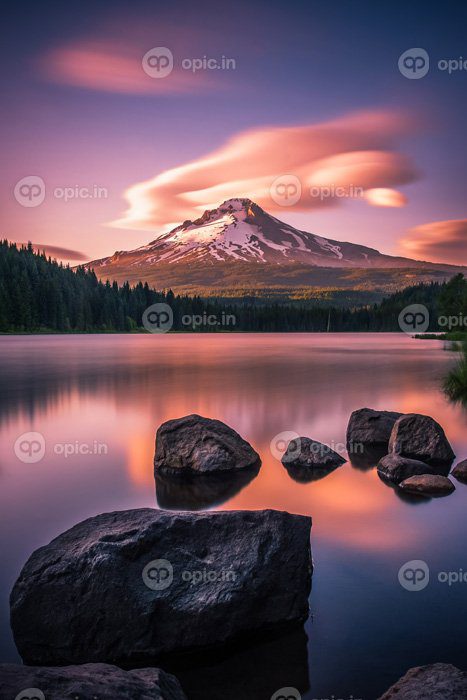 دانلود عکس mt hood بر فراز دریاچه تریلیوم در غروب خورشید