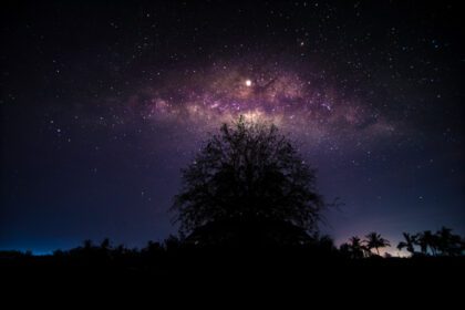 دانلود عکس مناظر شب با کهکشان شیری رنگارنگ و زرد روشن پر از ستاره در آسمان در تابستان پس زمینه زیبای کیهان فضا