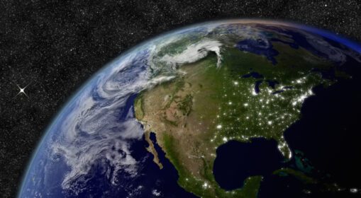 دانلود عکس آمریکای شمالی در سیاره زمین از فضا با ستاره ها در پس زمینه عناصر این تصویر مبله شده توسط ناسا