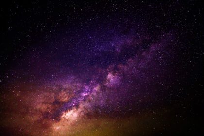 دانلود عکس پانورامای شب دراماتیک کهکشانی بنفش و زرد از