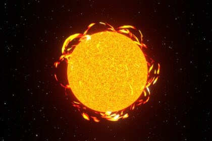 دانلود عکس رندر سه بعدی شعله خورشیدی خورشید در فضا پس زمینه