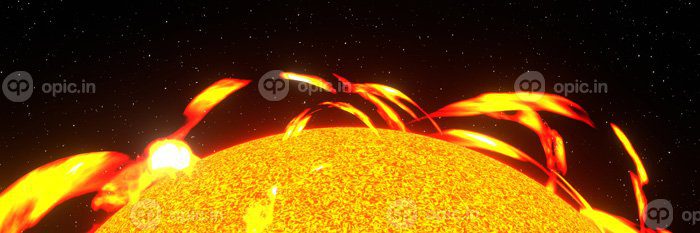 دانلود عکس شعله خورشیدی خورشید در پس زمینه فضا رندر پانوراما سه بعدی