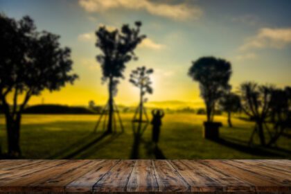 دانلود عکس میز چوبی و تاری زیبایی در یک روز غروب در مزرعه