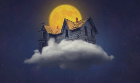 دانلود والپیپر کلاغ ابری خانه آسمان شب ماه