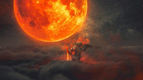 دانلود والپیپر دیو خورشید ماه ابرها هنر فانتزی